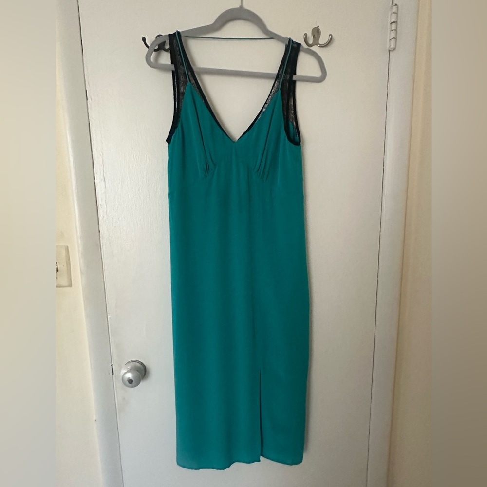 ESPRIT New York 100% Silk Slip Dress. Emerald Teal, Lace Trim, US 6. NWT.